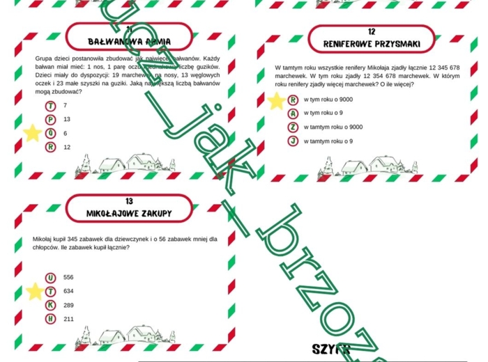 Stacje zadaniowe, mikołaj, boże narodzenie, szyfr, klasa 5, liczby naturalne i ułamki zwykłe