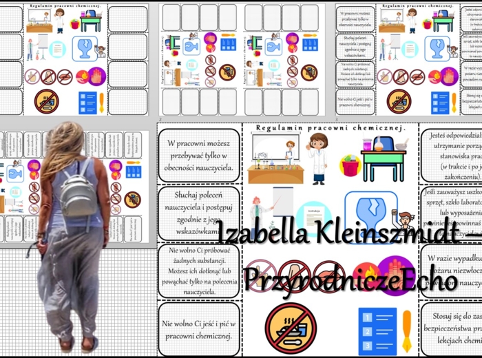 Notatka okienkowa/stacja zadaniowe/notatka interaktywna/notatka graficzna/karta pracy/sketchnotka „Zasady bezpiecznej pracy na lekcjach chemii”, „Regulamin pracowni chemicznej” w pdf. Chemia 7, dział „Substancje”. Materiał wykonany na podstawie podręczni