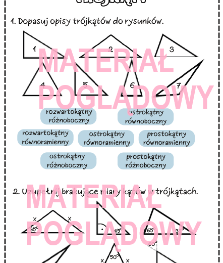 Karta pracy lub kartkówka TRÓJKĄTY kl. 4, 5, 6