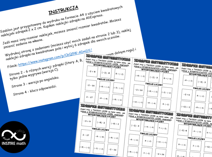 Darmowy szablon (edytowalny). Zdrapki matematyczne z liczb całkowitych:)