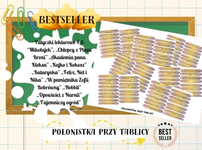 Patyczki lekturowe "Mikołajek" "Chłopcy z Placu Broni" "Akademia pana Kleksa" "Kajko i Kokosz" "Katarynka" "Felix, Net i Nika" "W pamiętniku Zofii Bobrówny" "Hobbit" "Opowieści z Narnii" "Tajemniczy ogród"