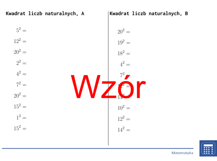Kwadrat liczb naturalnych | matematyka | 26 kolumn