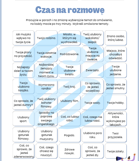 Czas na rozmowę - Karty pracy z tematami do rozmów dla starszych uczniów i dorosłych