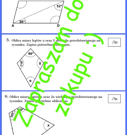 Własności wielokątów oraz kąty w wielokątach - kartkówka lub karta pracy z rozwiązaniem