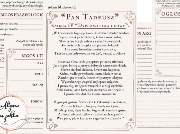 "Pan Tadeusz" - fragment o bigosie, karty pracy (stacje zadaniowe)