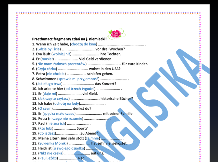 Tłumaczenie fragmentów zdań j. niemiecki - MEGA ZESTAW 45 zdań+ KLUCZ - Egzamin Ósmoklasisty