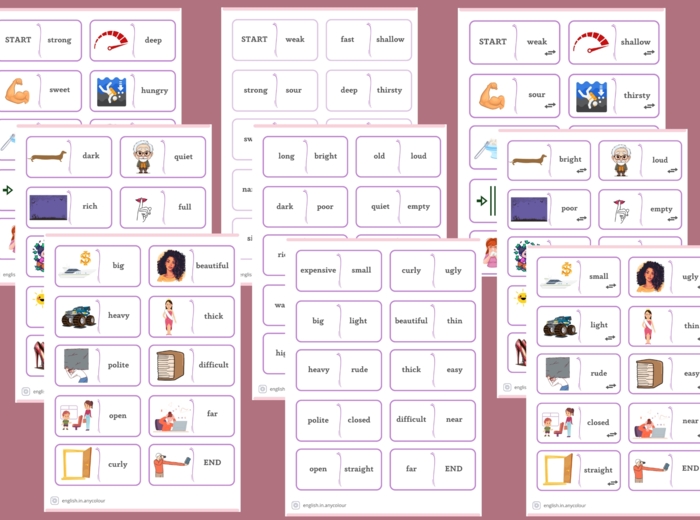 Angielski. A1/A2. Domino; nauka przymiotników. 3 zestawy.