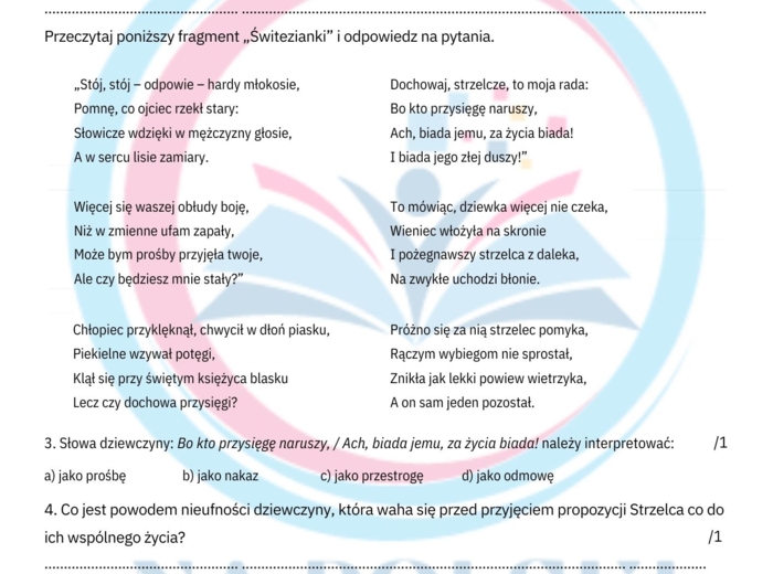 "Świtezianka" i "Lilije" - sprawdzian po omówieniu ballad