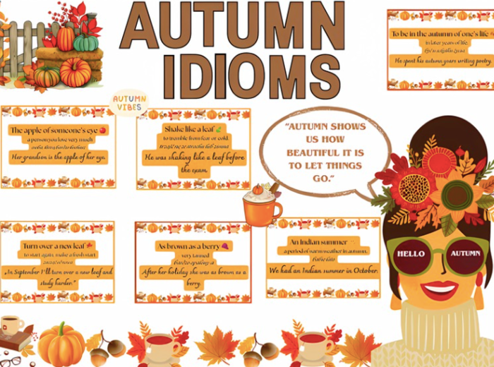 Gazetka „Autumn Idioms”| łącznie 45 stron |rozmiar A4i mniejszy| duży plakat z Panią Jesienią| 3 grafiki- niespodzianki\ Edukacyjna dekoracja sali językowej i nie tylko!
