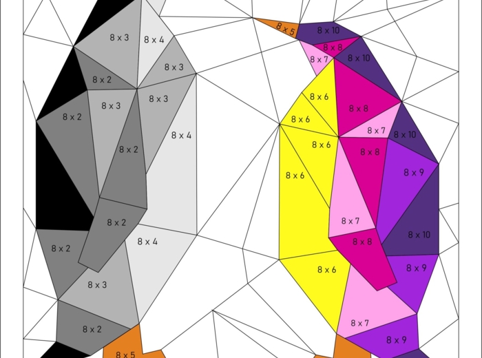 Tabliczka mnożenia, mnożenie przez 8, wielokrotności, kolorowanka pingwiny