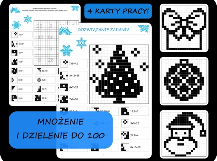 Zimowe kodowanki, bloksy mnożenie i dzielenie, tabliczka mnożenia, Święta, Boże Narodzenie, zima Mikołaj, mikołajki