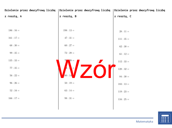 Dzielenie przez dwucyfrową liczbę z resztą | matematyka | 26 kolumn