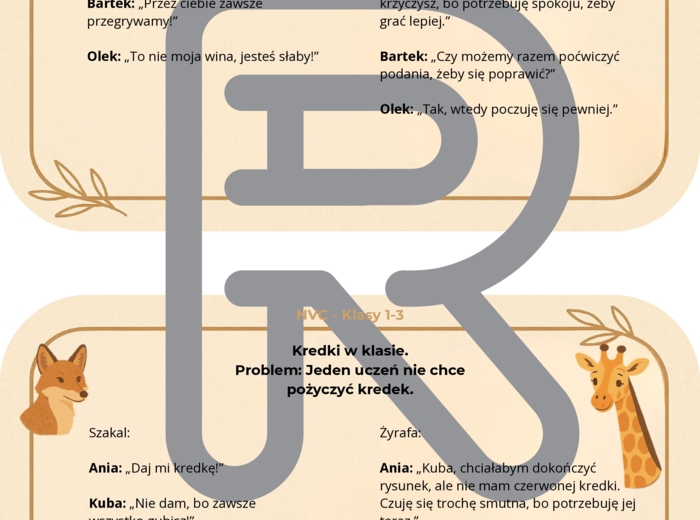 Zestaw 20 Kart NVC „Język Żyrafy i Język Szakala” w kl.1-3- dialogi, scenki w języku szakala i żyrafy, drama, tus, zajęcia rozwijające kompetencje emocjonalno-społeczne, psycholog, pedagog, profilaktyka przemocy rówieśniczej