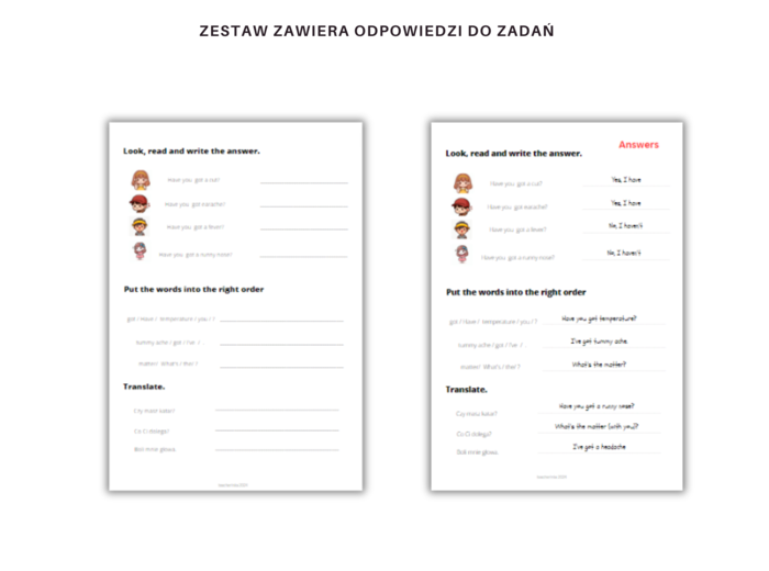 Health problems for young learners - zestaw kart pracy dla uczniów pierwszego etapu edukacyjnego, nazwy problemów zdrowotnych + zwroty z czasownikiem "have got", zdania twierdzące, udzielanie odpowiedzi na pytania "have you got ..., what's the matter