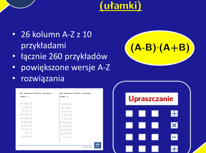 Wzór algebraiczny (A+B)(A-B), upraszczanie (ułamki) | matematyka, algebra | 26 kolumn
