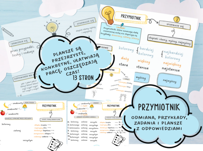 Przymiotnik- odmiana, zadania, plansze z rozwiązaniami