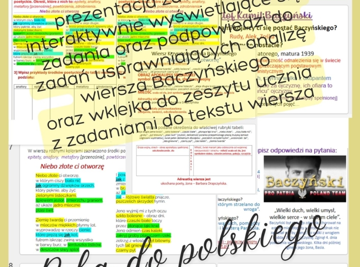 Prezentacja z zadaniami do analizy wiersza NIEBO ZŁOTE CI OTWORZĘ K.K. Baczyńskiego oraz wklejka graficzna do zeszytu