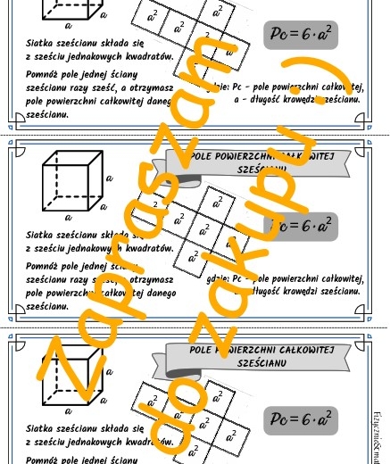 Pole powierzchni całkowitej sześcianu - wklejka do zeszytu dla ucznia