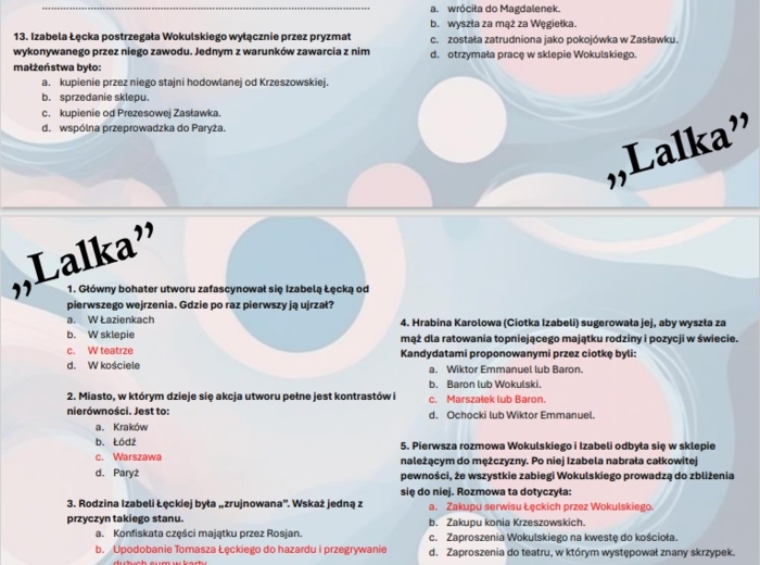 Test wprowadzający z lektury "Lalka"