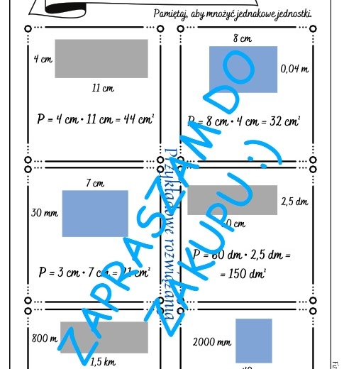 Karta pracy, kartkówka - obliczanie pól prostokątów.
