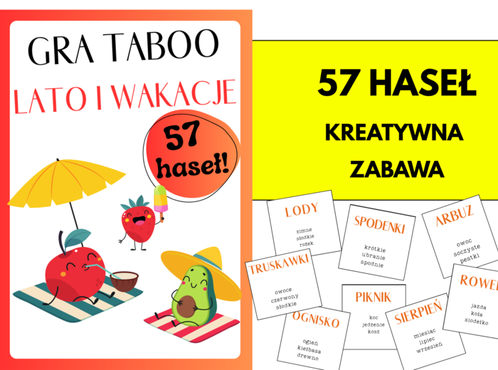 TABOO: LATO I WAKACJE – gra edukacyjna dla dzieci/54 HASŁA/ zabawa na koniec roku / materiały edukacyjne dla nauczycieli