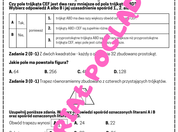 PAKIET Geometria - egzamin ósmoklasisty. Kąty, pola, twierdzenie Pitagorasa, trójkąty 30,60,60 i 45,45,90. Klasa 8. Klasa 7