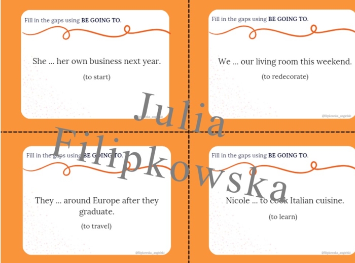 Be going to/ Zdania twierdzące/ Karty do mówienia/ Mówienie/ Speaking/ Konwersacje/ Klasy 4-8/ Klasy 4-6/ Klasy 6-8/ SP/ Warm-up/ Rozgrzewka/ Speaking cards/ Gramatyka/ Grammar/ Speaking cards grammar/ Grammar cards/ E8