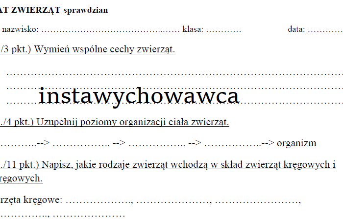 Świat zwierząt-sprawdzian