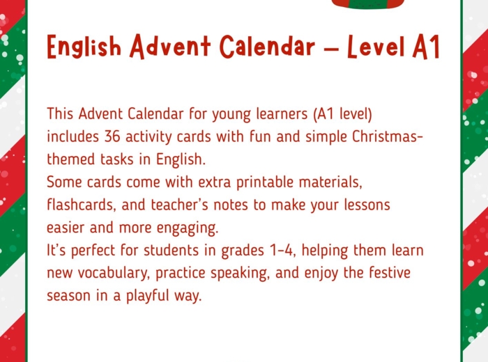 🎄 English Advent Calendar – Poziom A1 🎅29 stron 36 kart pracy i pomysłów na świąteczne lekcje pełne zabawy!kalendarz adwentowy, Boże Narodzenie, dzieci, A1, gry i zabawy, słownictwo, flashcards, pomysły dla nauczyciela, lekcje świąteczne, nauka przez zab
