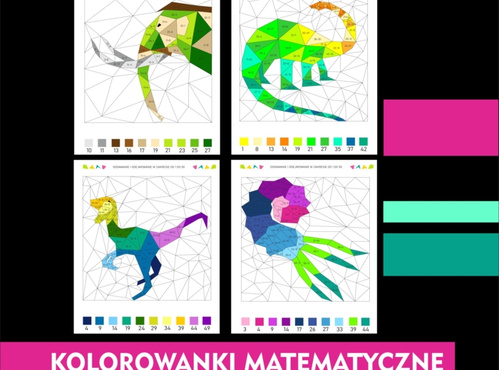 KOLOROWANKA MATEMATYCZNA, dodawanie i odejmowanie 1-50, poziom średni, zestaw na dzień dinozaura