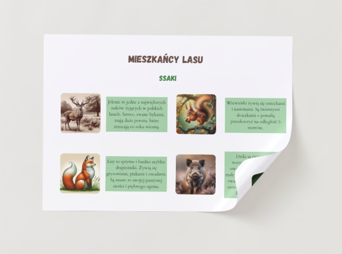 Plansze edukacyjne. Mieszkańcy lasu (ssaki, ptaki, inne zwierzęta, ciekawostki)