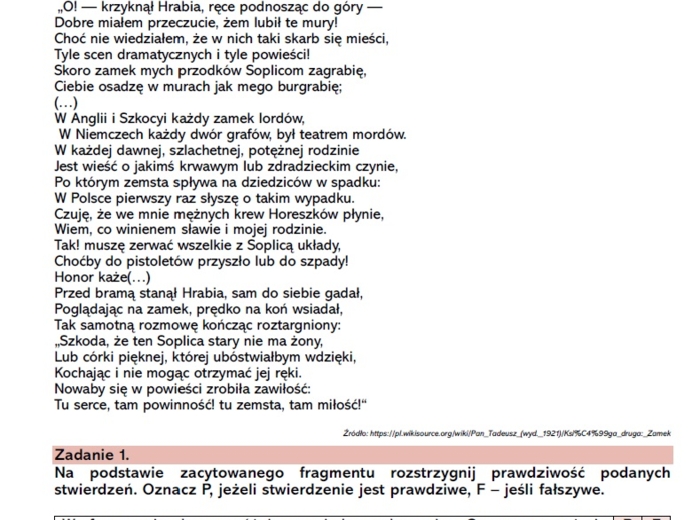 Karta pracy >>Czytanie "Pana Tadeusza"<<