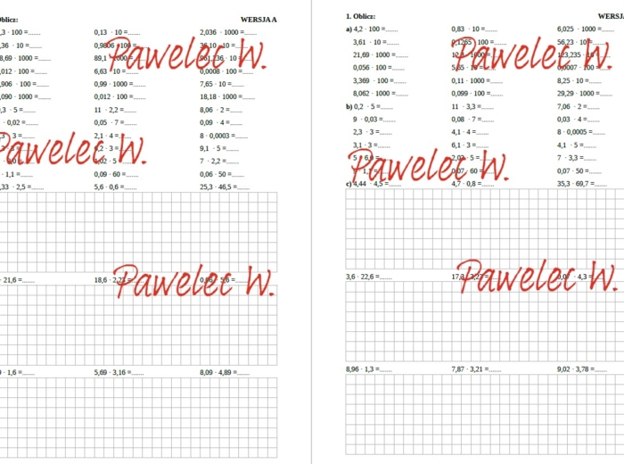 Mnożenie ułamków dziesiętnych - sprawdzian, karta pracy, praca domowa, kl. 6, 7 - 2 grupy/wersje + odpowiedzi