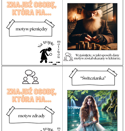 Karty "na tropie motywów literackich", gra dydaktyczna, klasy 7-8 SP