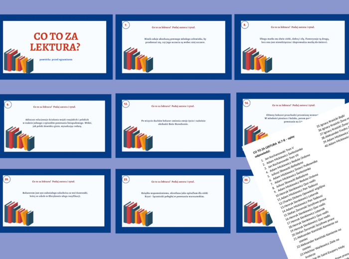 CO TO ZA LEKTURA - prezentacja – 42 slajdy – egzamin – lektury kl.7-8 – powtórzenie + odpowiedzi