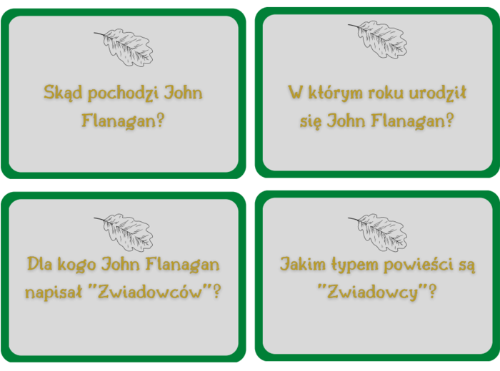 Karty z pytaniami dotyczącymi powieści "Ruiny Gorlanu" z serii Zwiadowcy.
