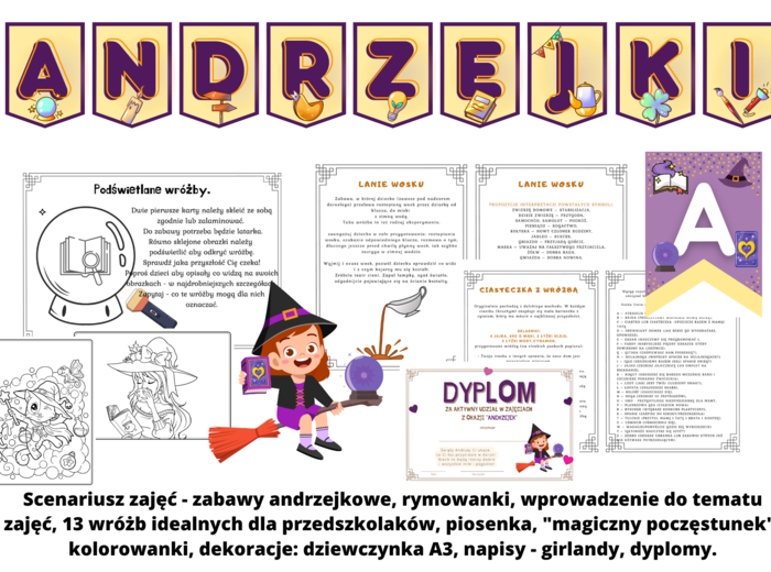 Andrzejki - 13 wróżb, scenariusz zajęć, girlandy-napisy + kolorowanki