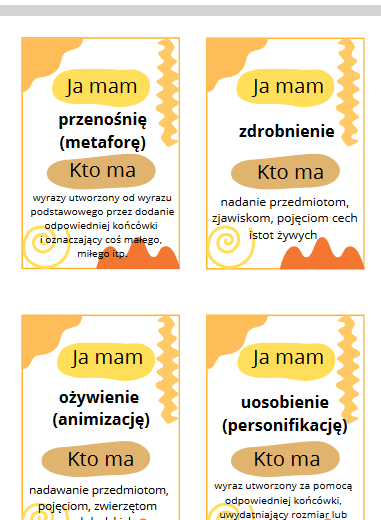 Ja mam, kto ma - ŚRODKI STYLISTYCZNE, POETYCKIE - gra dydaktyczna