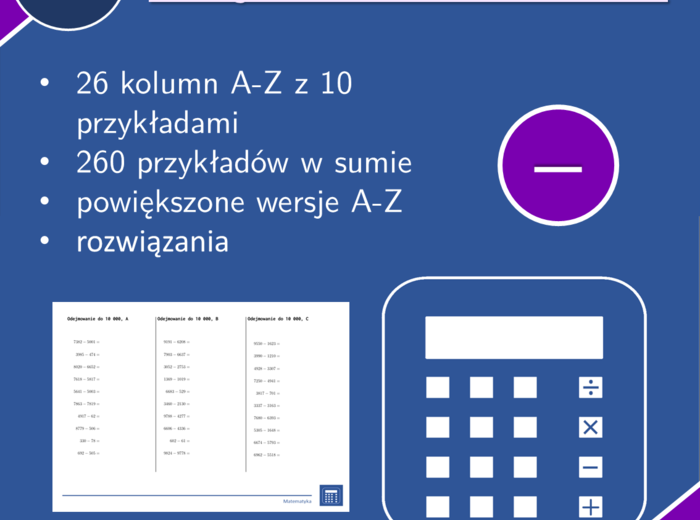Odejmowanie do 10 000 | matematyka | 26 kolumn
