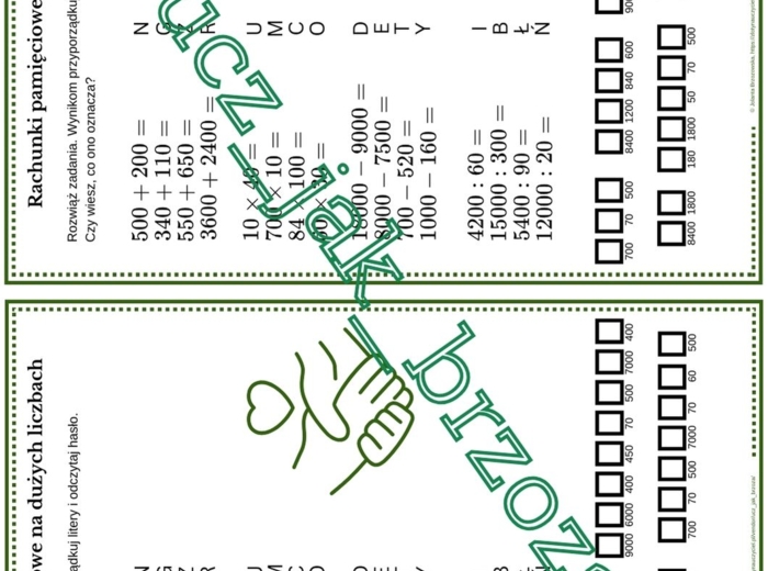 Rachunki pamięciowe na dużych liczbach, karta pracy z hasłem, klasa 4, Dzień Tolerancji