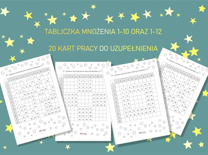 Tabliczka mnożenia 1-10 oraz 1-12, do uzupełniania pustych pól-zestaw. Dzień tabliczki mnożenia, nauka, powtórka