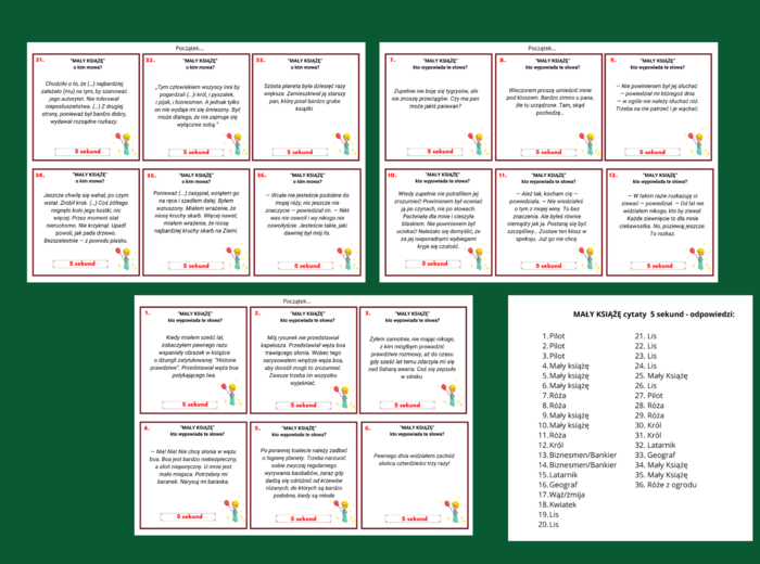 "MAŁY KSIĄŻĘ" - cytaty - powtórka - egzamin - gra 5 SEKUND + odpowiedzi