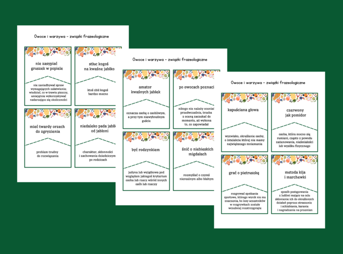 DZIEŃ OWOCÓW I WARZYW - owoce - warzywa – frazeologizmy – ZWIĄZKI FRAZEOLOGICZNE – fiszki – 28 szt. – kl. 4-8 – egzamin – powtórzenie – ćwiczenia