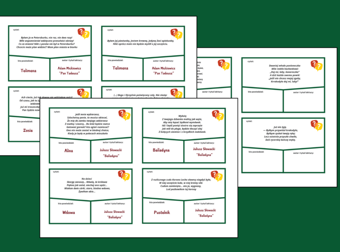 CZYJE TO SŁOWA? – 72 cytaty – LEKTURY OBOWIĄZKOWE – egzamin – kl.7-8 – fiszki + ODPOWIEDZI – powtórka