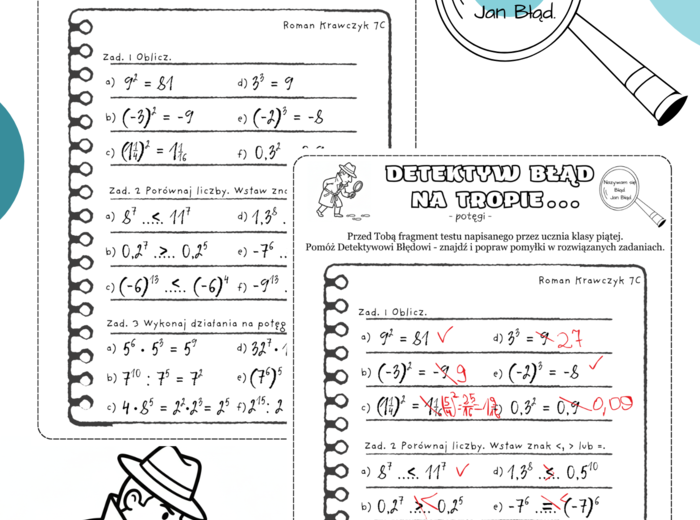 Detektyw Błąd na tropie. Potęgi. Karta pracy. Klasa 7. Klasa 8