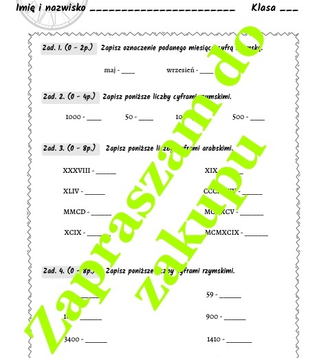 Liczby rzymskie - kartkówka, karta pracy
