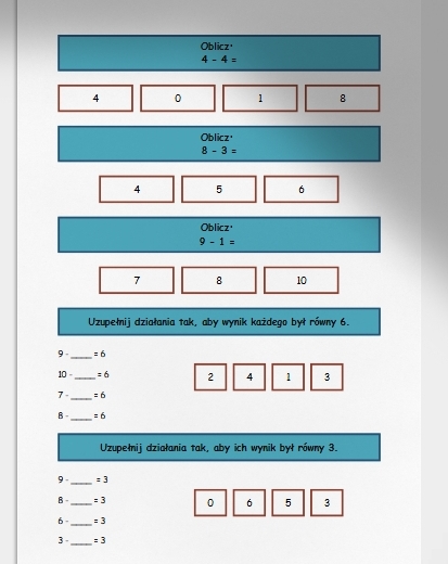 Odejmowanie w zakresie do 10. Karta pracy. Sprawdzian