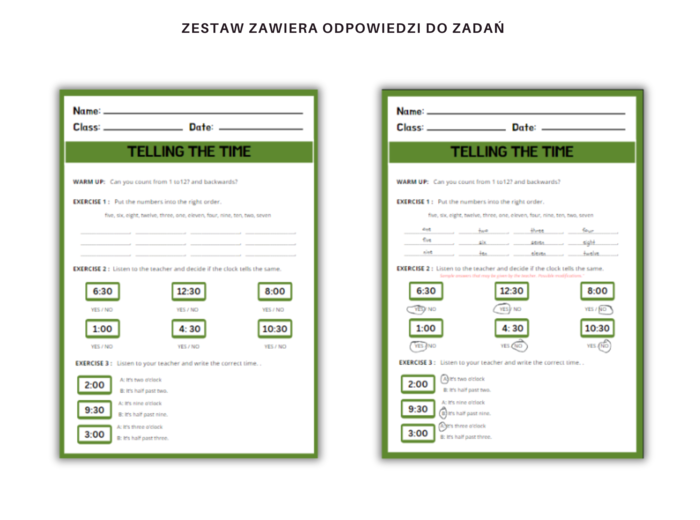 Telling the time - karta pracy, ćwiczenia, nauka czasu, podawanie godziny, język angielski, godziny pełne, półpełne, o'clock, half past. Dodatkowo mini karty obrazkowe i ze zdaniami, memory