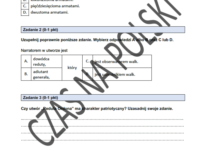 "Reduta Ordona" – test czytania ze zrozumieniem