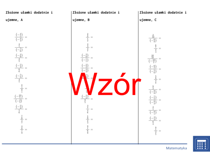 Złożone ułamki dodatnie i ujemne | matematyka | 26 kolumn
